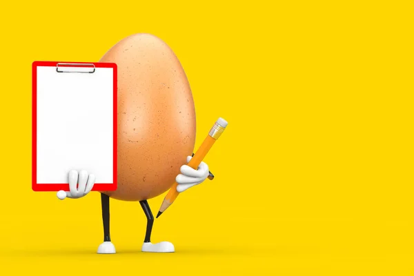 Brown Chicken Egg Person Character Mascot Red Plastic Clipboard Paper — Stock Photo, Image