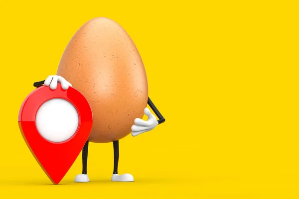 Brown Chicken Egg Person Character Mascotte Met Rode Kaart Pointer — Stockfoto