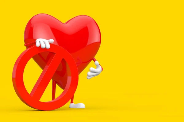 Талисман Персонажа Красного Сердца Красным Запретом Запретным Знаком Жёлтом Фоне — стоковое фото