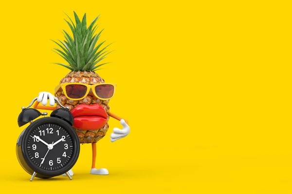 Fun Cartoon Fashion Hipster Cut Ananas Personnage Mascotte Avec Réveil — Photo