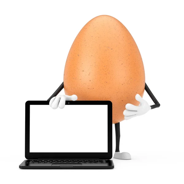 Brown Chicken Egg Person Character Mascot Modern Laptop Computer Notebook — Stock Photo, Image
