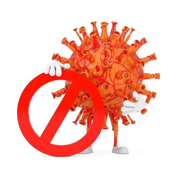 Cartoon Coronavirus Covid Wirus Postać Maskotka Czerwoną Prohibicją Lub Zakazane — Zdjęcie stockowe