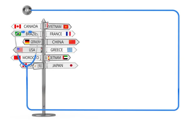 Подорожі Signpost Різними Країнами Імена Прапори Стетоскопом Доктора Синьому Кольорі — стокове фото