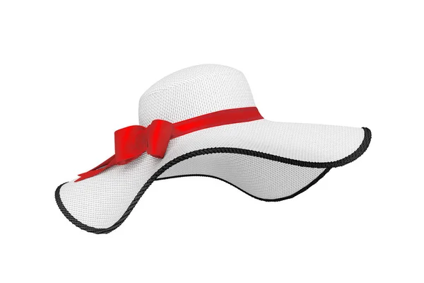 Pretty Beautiful White Women Summer Sun Hat Met Rood Lint — Stockfoto