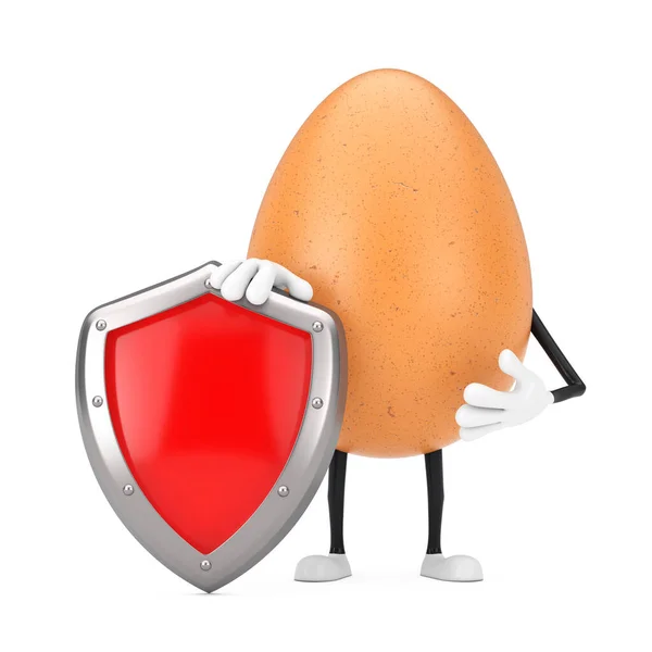 褐色鸡蛋人物形象吉祥物与红色金属保护盾的白色背景 3D渲染 — 图库照片
