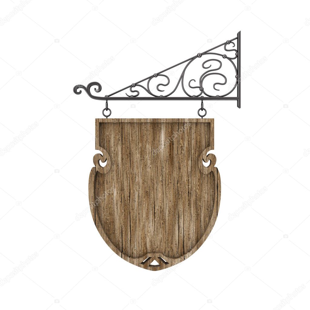 Blank Old Wooden Hanging Sign with Free space for Your Design and Floral Forging Elements on a white background. 3d Rendering