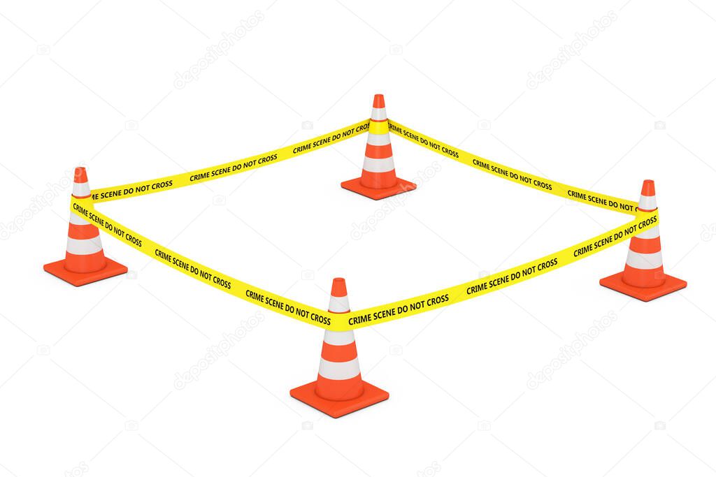 Yellow Tape Do Not Cross Police Line with Road Cones on a white background. 3d Rendering