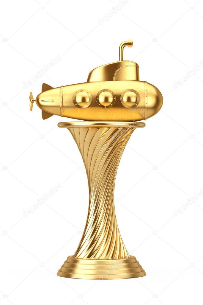Golden Award Trophy Toy Cartoon Styled Submarine on a white background. 3d Rendering