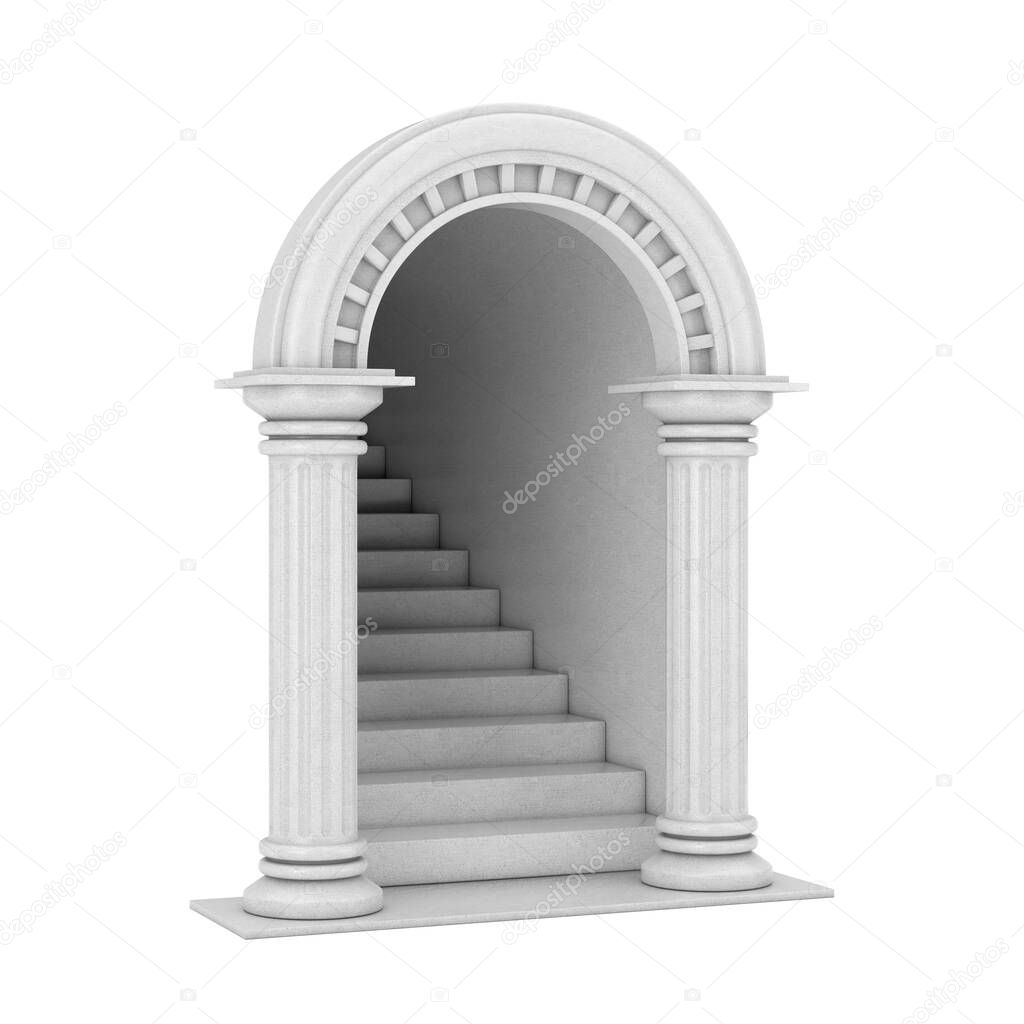 Entrance Classic Ancient Greek Column Arc with Concrete Stairs on a white background. 3d Rendering