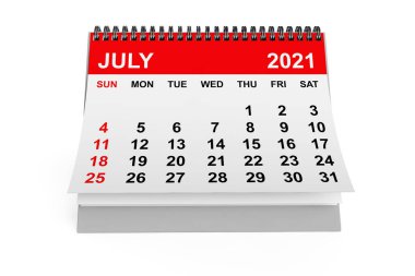 Beyaz arka planda 2021 Temmuz takvimi. 3d oluşturma
