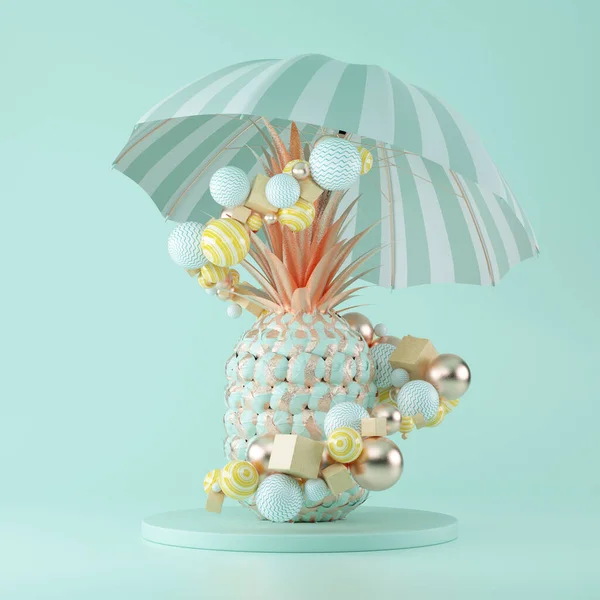 带有海滩伞状和几何形状的蓝色背景的金色菠萝 3D渲染 — 图库照片