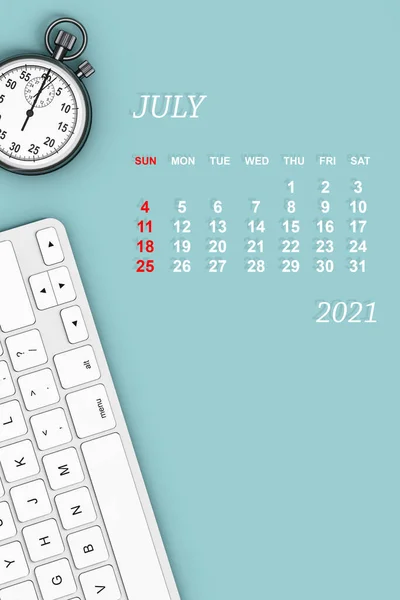 2021年のカレンダー ストップウォッチとキーボードで7月のカレンダー 3Dレンダリング — ストック写真