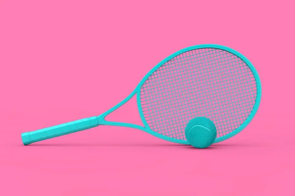 Blue Tennis Racket Ball Duotone Style Pink Background Rendering — Stock Photo, Image