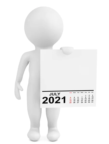 Character Holding Calendrier Juillet 2021 Année Sur Fond Blanc Rendu — Photo