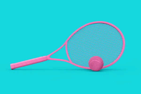 Розовая Теннисная Ракетка Мячом Стиле Duotone Синем Фоне Рендеринг — стоковое фото