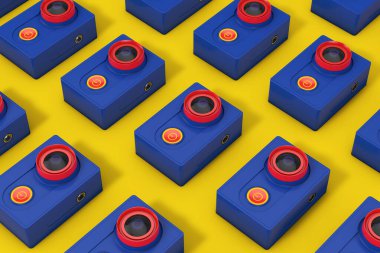 Sarı arka planda Küçük Ultra HD Mavi ve Kırmızı Hareket Kameraları. 3d Hazırlama