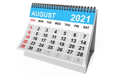 Beyaz arka planda 2021 Ağustos takvimi. 3d oluşturma