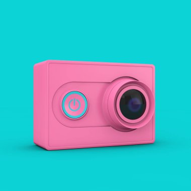 Mavi arka planda Duotone Style 'da küçük Ultra HD Pembe Hareket Kamerası. 3d Hazırlama