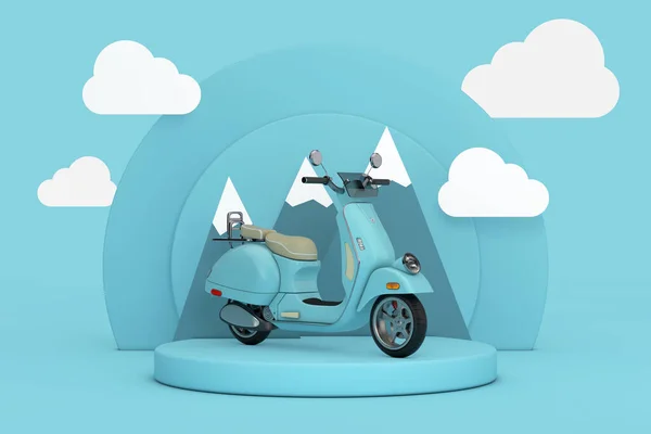 ブルークラシックヴィンテージレトロまたは電動スクーターブルーシリンダー製品の上のオートバイ青い背景に雲と山とステージ台座 3Dレンダリング — ストック写真