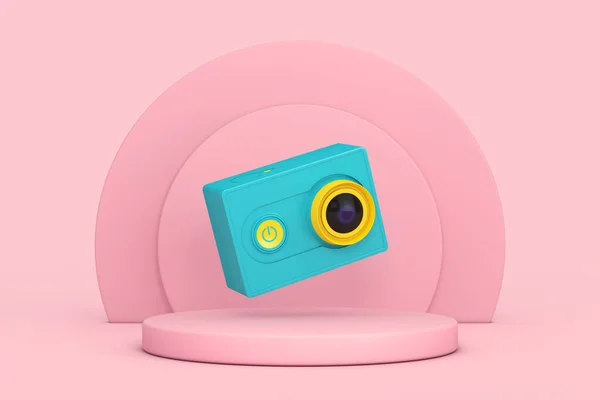 Malá Ultra Modrá Žlutá Akční Kamera Nad Růžovými Válci Produkty — Stock fotografie