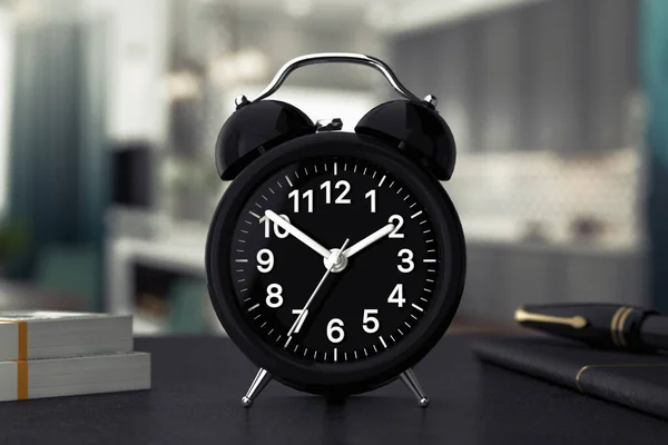 Black Luxury Classic Analog Alarm Clock Table Extreme Closeup Rendering —  Fotos de Stock