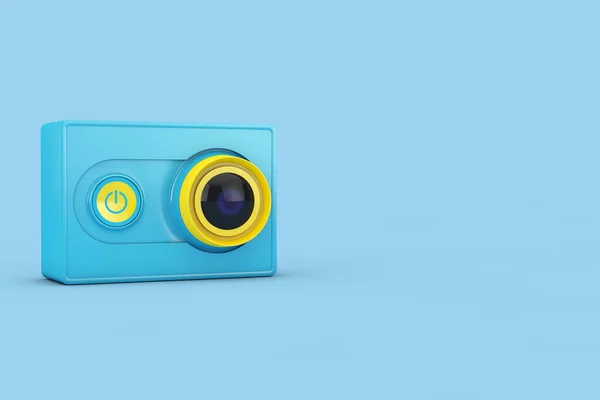 Маленькая Ultra Синяя Желтая Экшн Камера Синем Фоне Рендеринг — стоковое фото