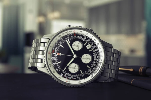 Luxury Classic Analog Men Wrist Silver Watch Table Extreme Closeup — Foto de Stock