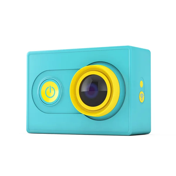 Kleine Ultra Blue Yellow Action Camera Een Witte Achtergrond Rendering — Stockfoto