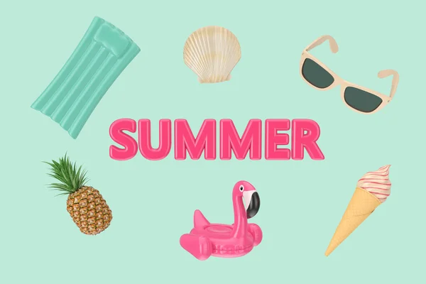 Pink Summer Sign Met Summer Beach Object Een Groene Achtergrond — Stockfoto