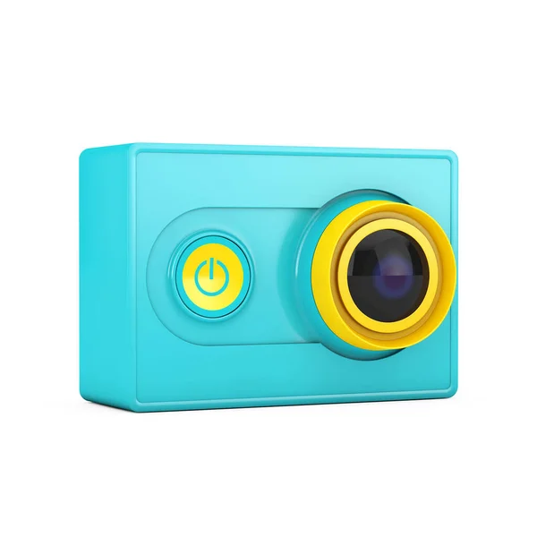 Kleine Ultra Blue Yellow Action Camera Een Witte Achtergrond Rendering — Stockfoto