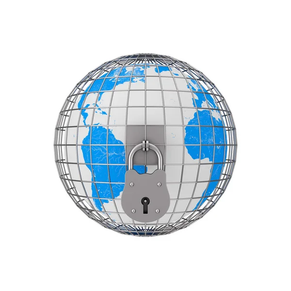 Earth Globe Metal Cage Big Old Padlock White Background Rendering — Foto de Stock