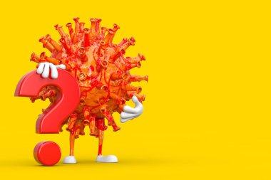 Çizgi film Coronavirus COVID-19 Virüs Maskotu Karakteri. Sarı arka planda kırmızı soru işareti var. 3d Hazırlama