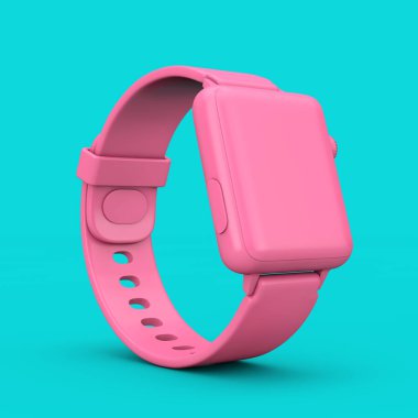 Mavi arka planda Duotone Style kayışlı pembe modern akıllı saat modeli. 3d Hazırlama