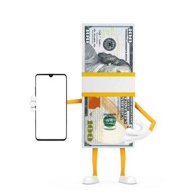 Yüz Dolarlık Yığın Kişilik Karakteri Maskotu ve Beyaz Arkaplanda Tasarımınız İçin Boş Ekran ile Modern Cep Telefonu. 3d Hazırlama