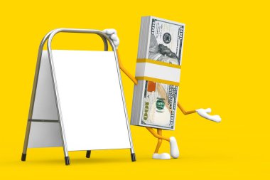 Yüz Dolarlık Yığın Karakter Maskotu. Sarı arka planda Beyaz Boş Reklam Standı var. 3d Hazırlama