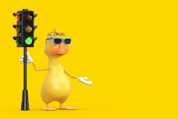 Cute Yellow Cartoon Duck Pessoa Personagem Mascote Com Semáforo Verde — Fotografia de Stock