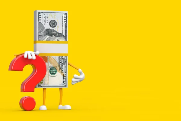 Stack One Hundred Dollar Bills Person Character Mascot Red Question — Stock Photo, Image