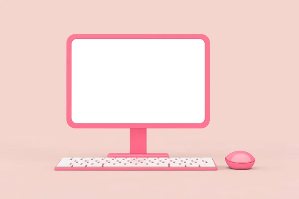 Abstraktní Kreslený Růžový Stolní Počítač Myší Klávesnicí Prázdnou Obrazovkou Pro — Stock fotografie