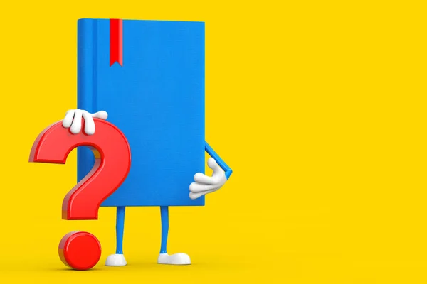 蓝皮书吉祥物人物与红色问号符号黄色背景 3D渲染 — 图库照片