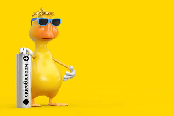 Söt Gul Tecknad Duck Person Character Mascot Med Uppladdningsbart Batteri — Stockfoto