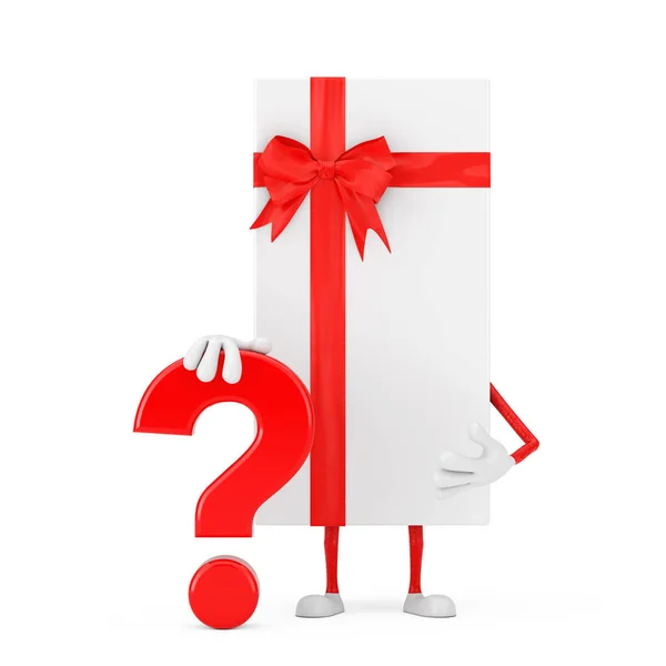 White Gift Box Red Ribbon Person Character Mascot Red Question — стокове фото