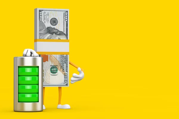 一百美元钞票堆栈人物吉祥物 背景为黄色 带有抽象充电电池 3D渲染 — 图库照片