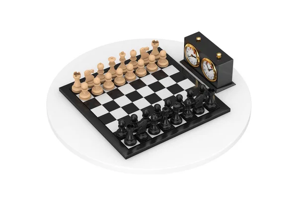 チェスボードとチェスクロック白い背景にチェス 3Dレンダリング — ストック写真