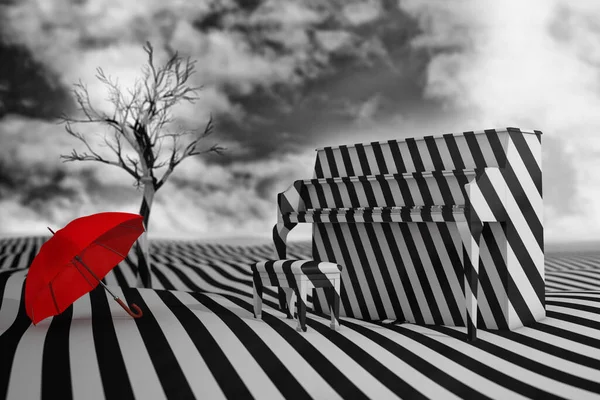 Abstract Black White Stripped Landscape Piano Dead Tree Contrast Red — Stock Photo, Image