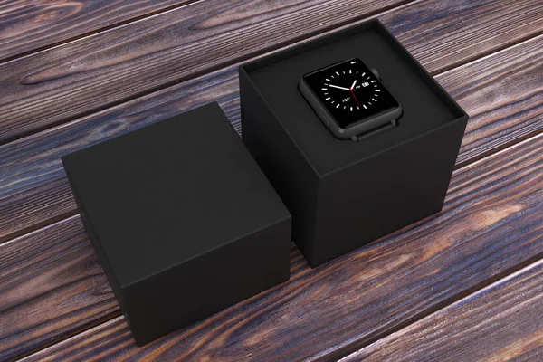 Black Modern Smart Watch Mockup Strap Com Caixa Presente Preta — Fotografia de Stock