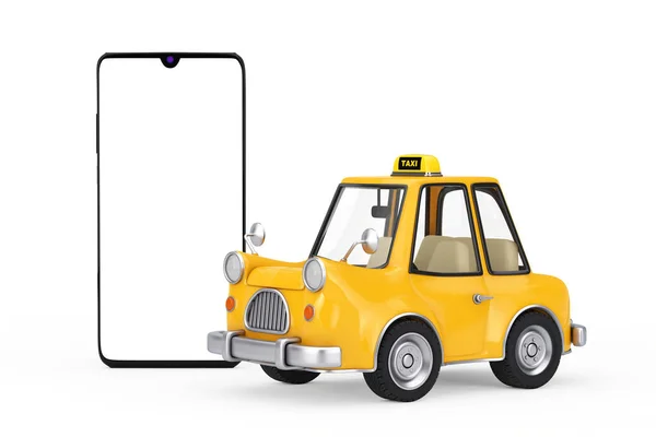 Cartone Animato Giallo Taxi Auto Vicino Moderno Telefono Cellulare Con — Foto Stock