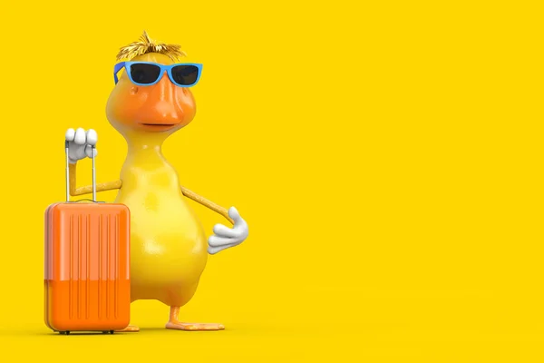 Cute Yellow Cartoon Duck Person Character Mascot Orange Travel Suitcase — Stock Photo, Image