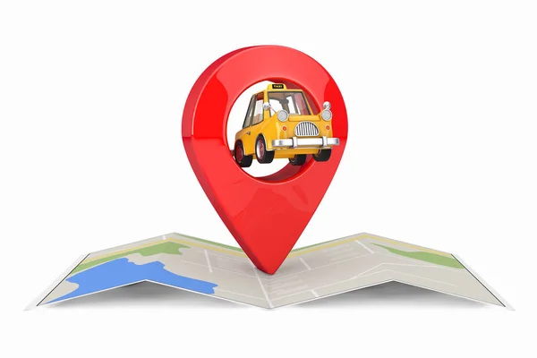 Yellow Cartoon Taxi Car Red Map Pointer Target Pin Abstract — Stockfoto