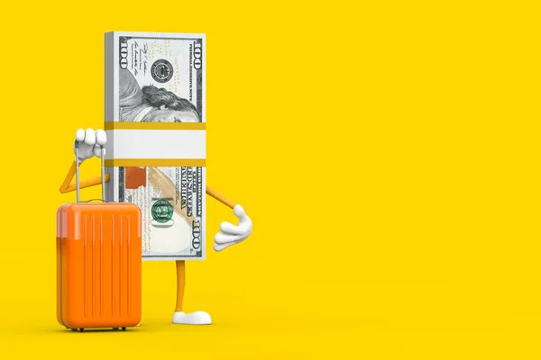 堆积如山的一百美元钞票人物吉祥物与橙色旅行套件的黄色背景 3D渲染 — 图库照片