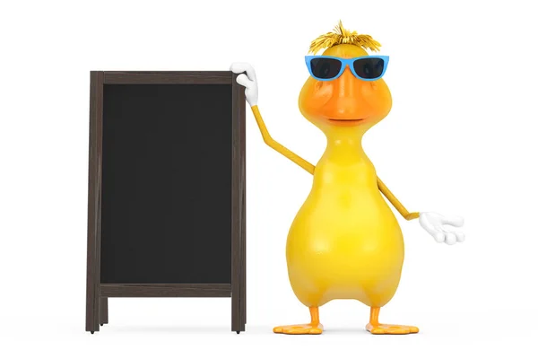 可爱的黄色卡通鸭人物形象吉祥物与空白木菜单黑板户外展示白色背景 3D渲染 — 图库照片